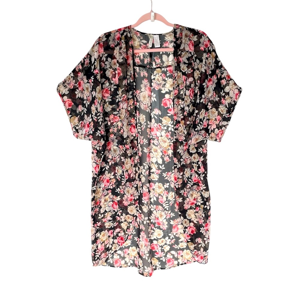 JAPNA WOMENS SHEAR BLACK PINK FLORAL OPEN FRONT SHORT SLEEVE KIMONO SIZE LARGE